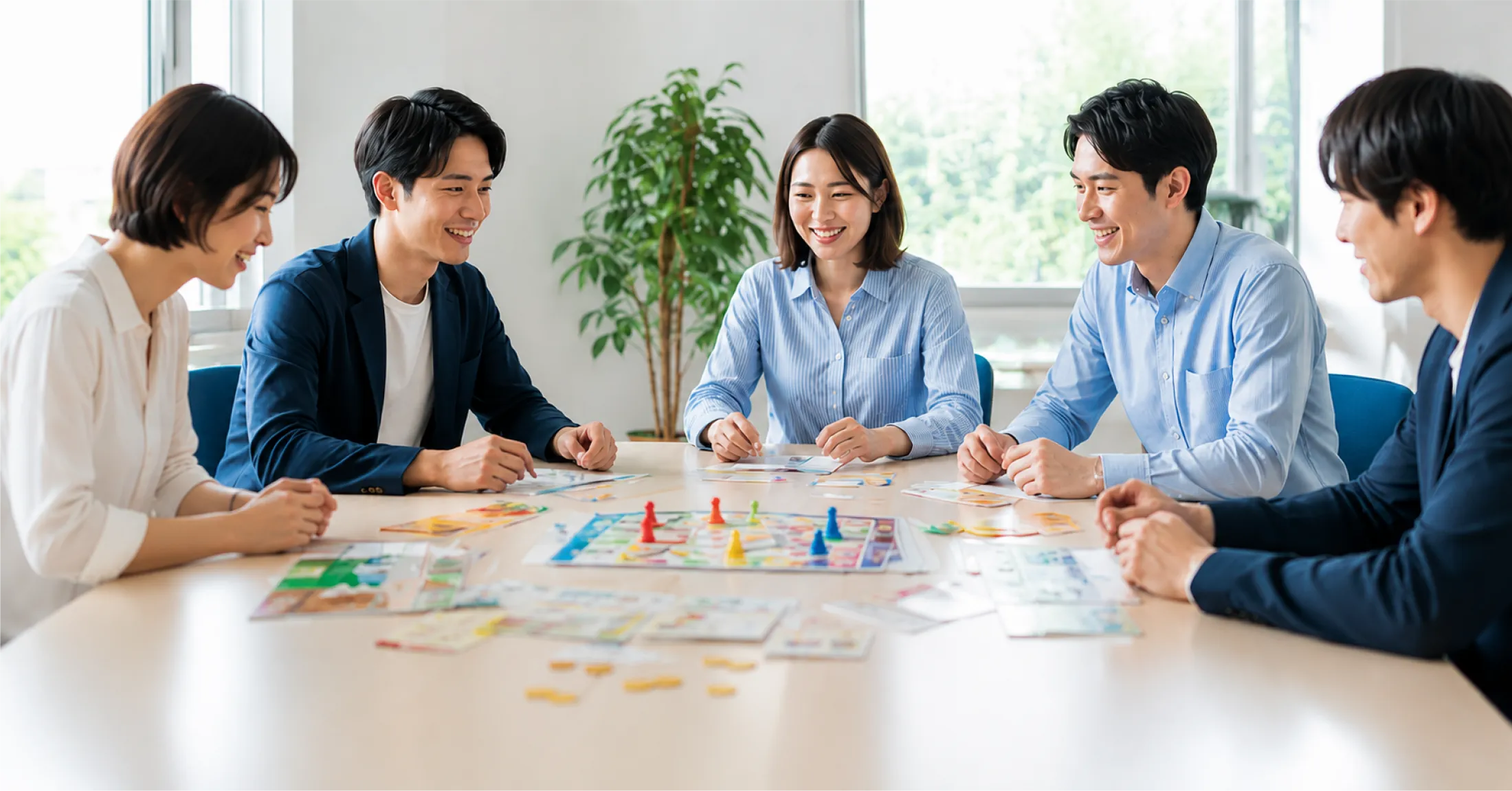 会議室でボードゲームを囲んで対話する5人の様子